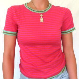 SCAGLIONE PINK ORANGE STRIPED PREPPY SHORT SLEEVE TOP WOMENS SIZE SMALL